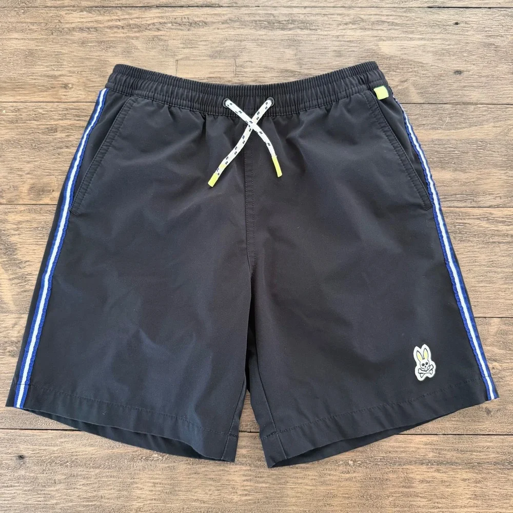 Psycho Bunny Boys Black Striped Swim Trunks Board‎ Shorts Size 10/12 Logo